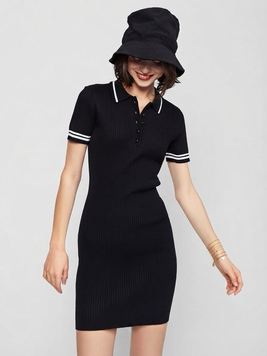 Cynthia Rowley Dresses & Skirts - Cynthia Rowley Rib Knit Polo Bodycon Mini Dress Black Size M EUC Tenniscore